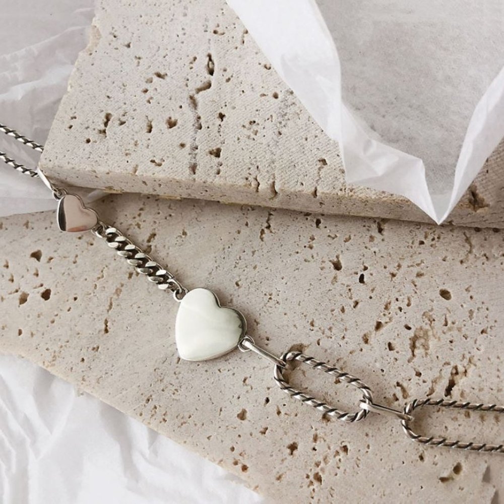 925 Sterling Silver Heart Link Bracelet Minimalist Dainty Silver Bracelet - Picture 6 of 7